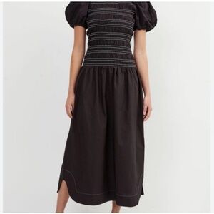 Ganni Black Smocked Bodice Midi Dress with Puff Sleeves